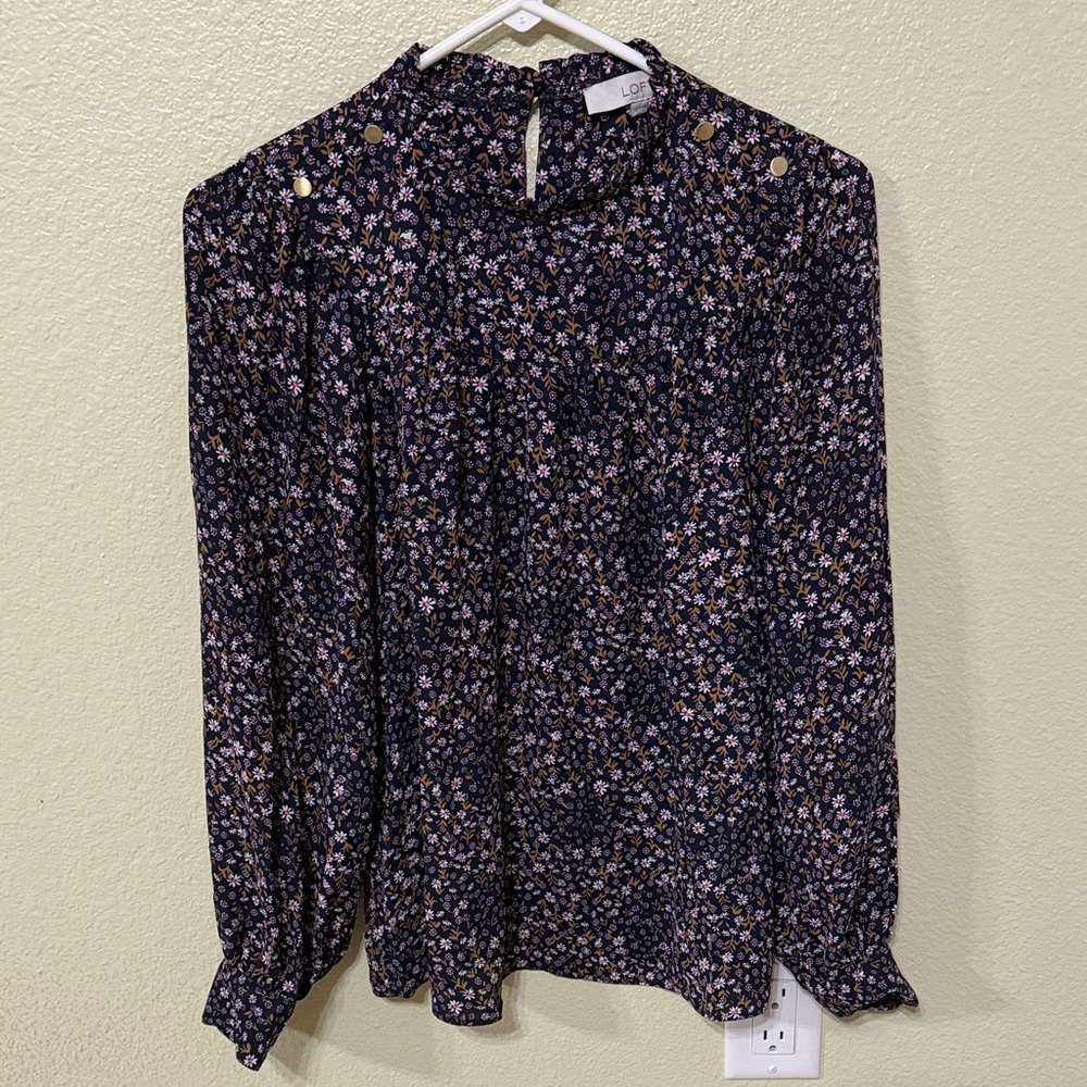 LOFT Navy Floral Long Sleeve Blouse